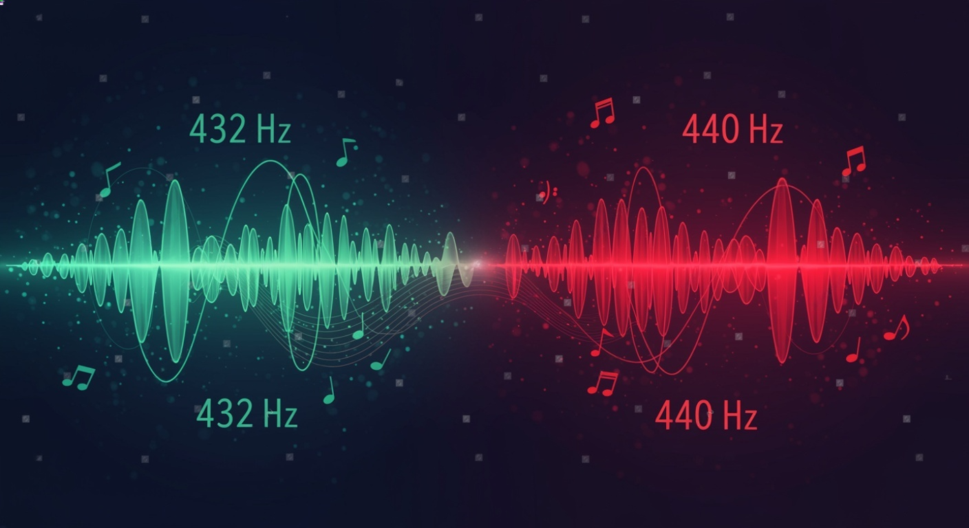 Scientific comparison chart showing frequency analysis of 432Hz vs 440Hz - demonstrating healing properties and harmonic resonance differences
